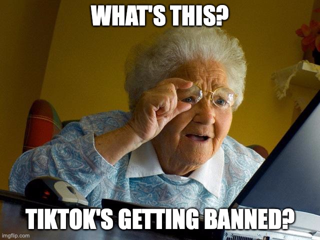 She doesn't understand it, but we do. | WHAT'S THIS? TIKTOK'S GETTING BANNED? | image tagged in memes,grandma finds the internet,tik tok | made w/ Imgflip meme maker