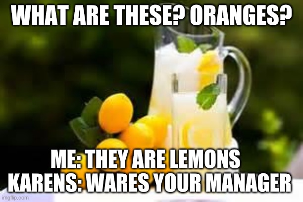 Lemonade | WHAT ARE THESE? ORANGES? ME: THEY ARE LEMONS    KARENS: WARES YOUR MANAGER | image tagged in lemonade | made w/ Imgflip meme maker