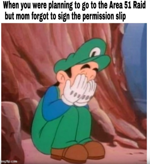 Luigi's mom forgot to sign the permission slip | image tagged in area 51 | made w/ Imgflip meme maker