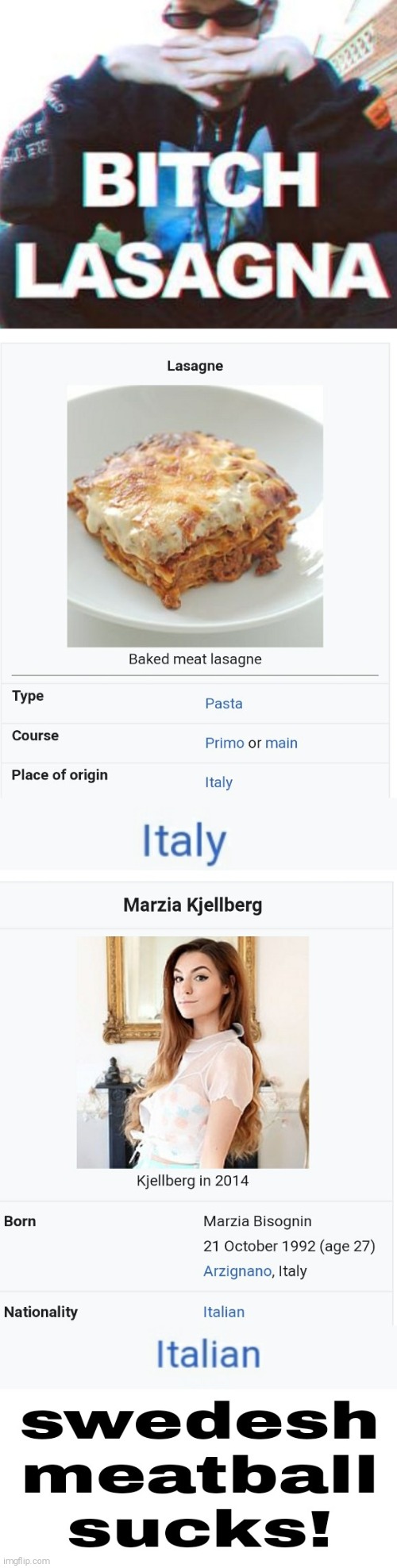 That Bitch Lasanga Is Made By Italy | image tagged in memes,funny,pewdiepie,italy,wikipedia | made w/ Imgflip meme maker