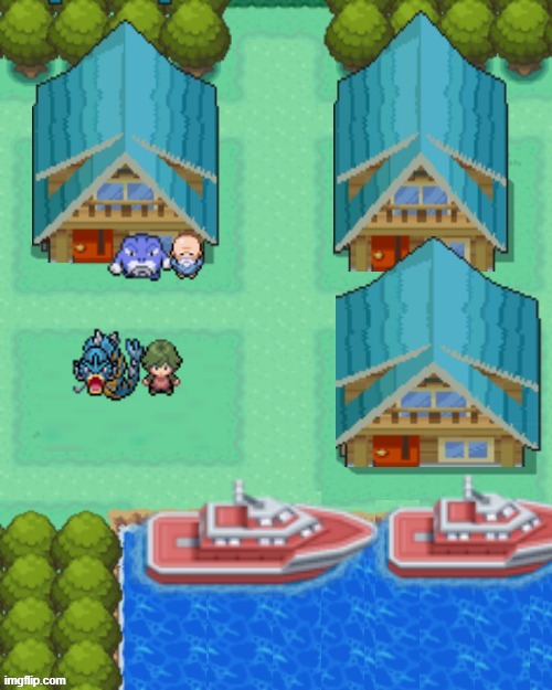 A town for my romhack pokemon glass | image tagged in pokemon,romhack,water,boats,poliwrath,gyrados | made w/ Imgflip meme maker