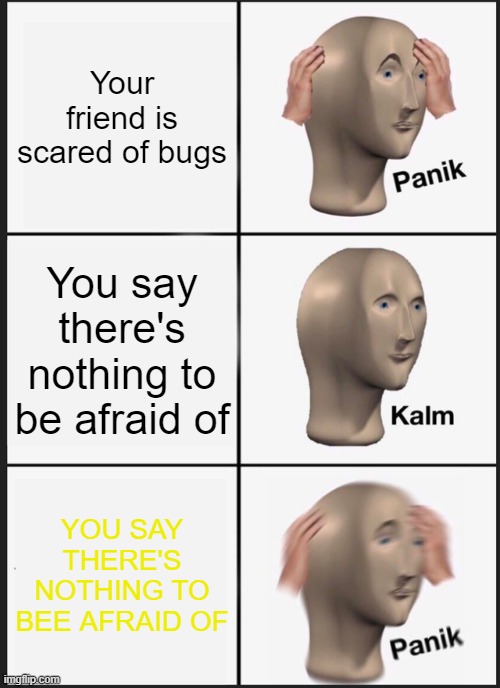Nothing to bee afraid of | Your friend is scared of bugs; You say there's nothing to be afraid of; YOU SAY THERE'S NOTHING TO BEE AFRAID OF | image tagged in memes,panik kalm panik | made w/ Imgflip meme maker