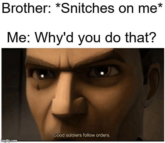 Good soldiers follow orders | Brother: *Snitches on me*; Me: Why'd you do that? | image tagged in good soldiers follow orders | made w/ Imgflip meme maker