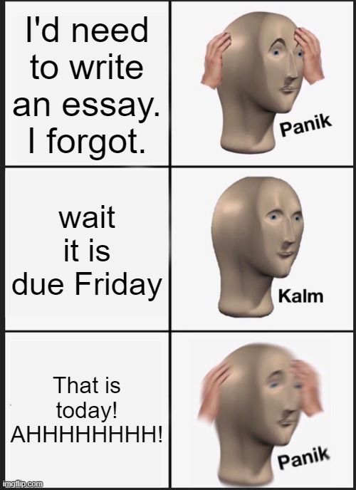 The essay | I'd need to write an essay. I forgot. wait it is due Friday; That is today! AHHHHHHHH! | image tagged in memes,panik kalm panik | made w/ Imgflip meme maker