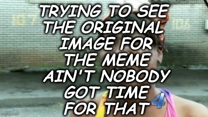 Ain't Nobody Got Time For That Meme | TRYING TO SEE 
THE ORIGINAL 
IMAGE FOR
THE MEME
AIN'T NOBODY
GOT TIME
FOR THAT | image tagged in memes,ain't nobody got time for that | made w/ Imgflip meme maker