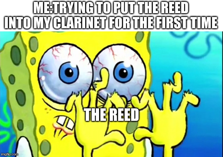 RIP my first reed 2018-2018   RIP my clarinet 2018-2019 (im gonna start clarinet again soon lol | ME:TRYING TO PUT THE REED INTO MY CLARINET FOR THE FIRST TIME; THE REED | image tagged in spongebob broken fingers,clarinet,argh,whyyyyyyyyyyyyyyyyyyyy,nooooooo,true story | made w/ Imgflip meme maker