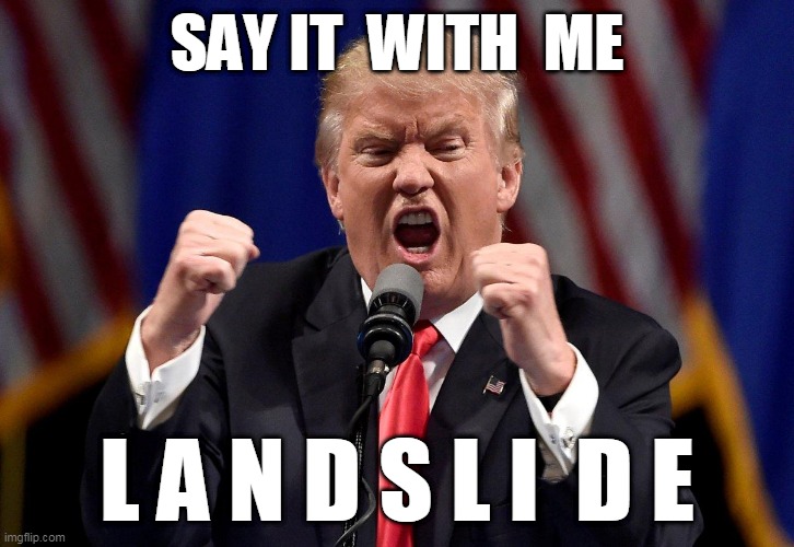 Trump Screaming | SAY IT  WITH  ME; L A N D S L I  D E | image tagged in trump screaming | made w/ Imgflip meme maker