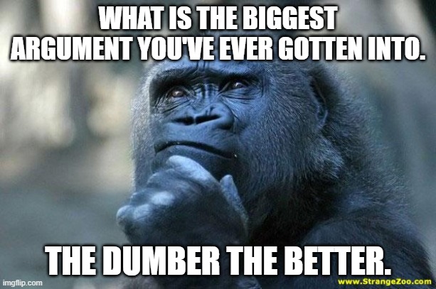 I want some crazy conspiracy theorists, fighting for no reason etc. Make me laugh. | WHAT IS THE BIGGEST ARGUMENT YOU'VE EVER GOTTEN INTO. THE DUMBER THE BETTER. | image tagged in deep thoughts | made w/ Imgflip meme maker