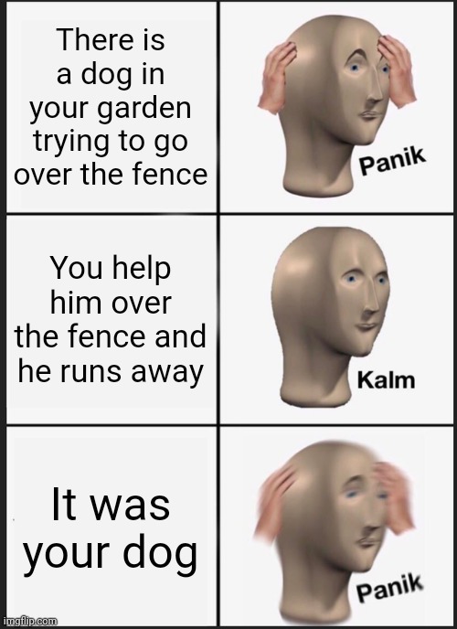 Fortunately, I dont have a dog. |  There is a dog in your garden trying to go over the fence; You help him over the fence and he runs away; It was your dog | image tagged in memes,panik kalm panik | made w/ Imgflip meme maker
