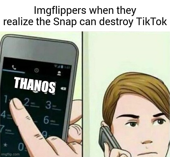 Calling 911 | Imgflippers when they realize the Snap can destroy TikTok; THANOS | image tagged in funny,calling 911,memes,thanos | made w/ Imgflip meme maker