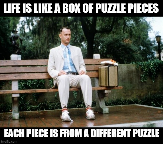 life is like a box of puzzle pieces |  LIFE IS LIKE A BOX OF PUZZLE PIECES; EACH PIECE IS FROM A DIFFERENT PUZZLE | image tagged in forrest gump,puzzles,no chocolate,pieces,mismatch,impossible | made w/ Imgflip meme maker