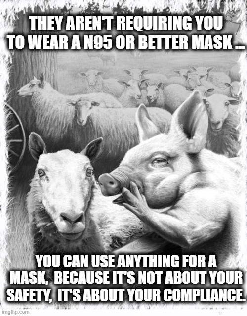 SHEEPLE FOLLOW | THEY AREN'T REQUIRING YOU TO WEAR A N95 OR BETTER MASK ... YOU CAN USE ANYTHING FOR A MASK,  BECAUSE IT'S NOT ABOUT YOUR SAFETY,  IT'S ABOUT YOUR COMPLIANCE. | image tagged in sheep,obey,conform,comply,sleep,no self thought | made w/ Imgflip meme maker