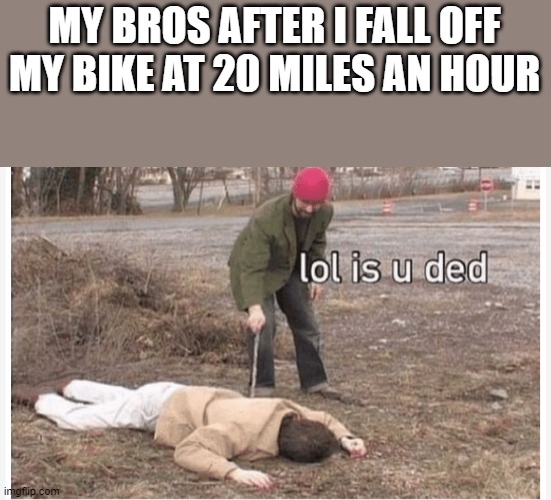 Lol is u ded | MY BROS AFTER I FALL OFF MY BIKE AT 20 MILES AN HOUR | image tagged in lol is u ded | made w/ Imgflip meme maker