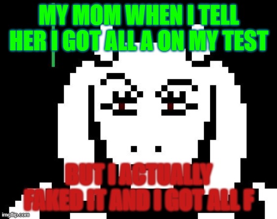 Undertale - Toriel | MY MOM WHEN I TELL HER I GOT ALL A ON MY TEST; BUT I ACTUALLY FAKED IT AND I GOT ALL F | image tagged in undertale - toriel | made w/ Imgflip meme maker