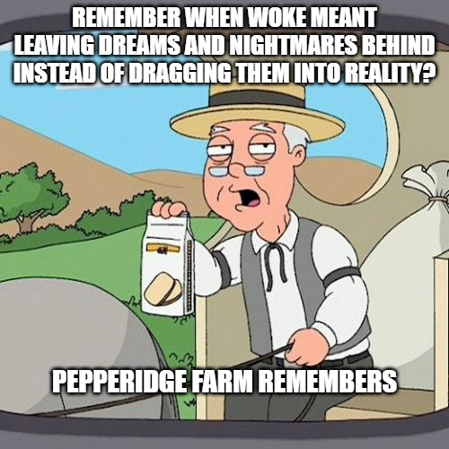 Pepperidge Farm Remembers | REMEMBER WHEN WOKE MEANT LEAVING DREAMS AND NIGHTMARES BEHIND INSTEAD OF DRAGGING THEM INTO REALITY? PEPPERIDGE FARM REMEMBERS | image tagged in memes,pepperidge farm remembers | made w/ Imgflip meme maker