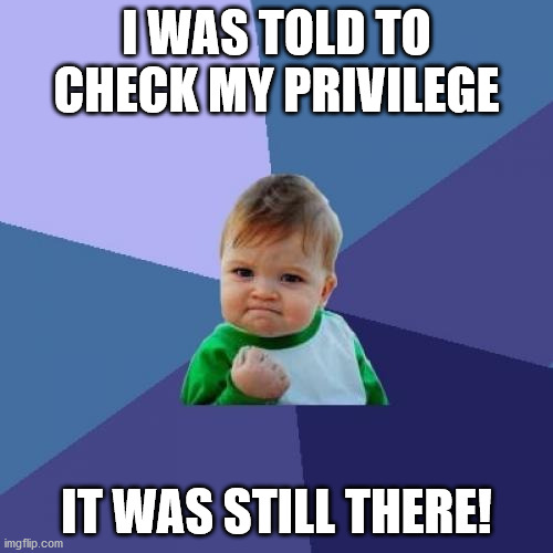Ha! | I WAS TOLD TO CHECK MY PRIVILEGE; IT WAS STILL THERE! | image tagged in memes,success kid | made w/ Imgflip meme maker
