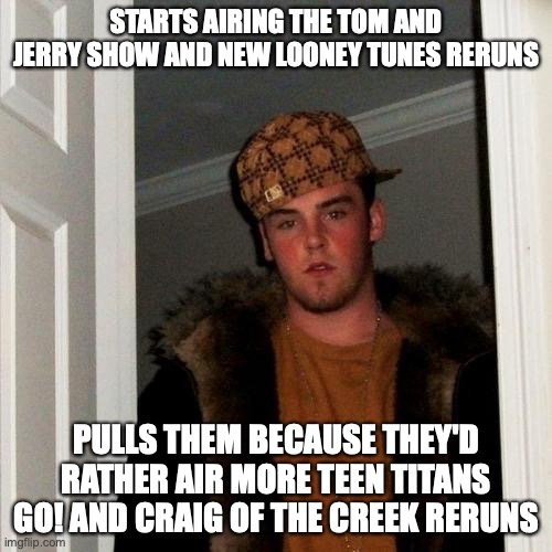 Scumbag Cartoon Network 2019 | STARTS AIRING THE TOM AND JERRY SHOW AND NEW LOONEY TUNES RERUNS; PULLS THEM BECAUSE THEY'D RATHER AIR MORE TEEN TITANS GO! AND CRAIG OF THE CREEK RERUNS | image tagged in memes,scumbag steve | made w/ Imgflip meme maker
