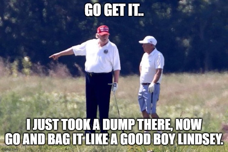 Trumplindsey | GO GET IT.. I JUST TOOK A DUMP THERE, NOW GO AND BAG IT LIKE A GOOD BOY LINDSEY. | image tagged in lindsey graham,donald trump,trump golf,dump trump | made w/ Imgflip meme maker