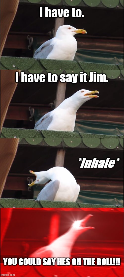 I have to. I have to say it Jim. *Inhale* YOU COULD SAY HES ON THE ROLL!!! | image tagged in memes,inhaling seagull | made w/ Imgflip meme maker
