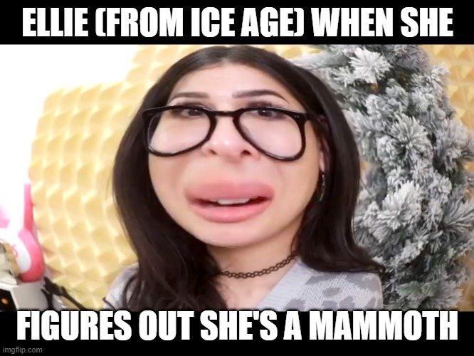 Ellie the Mossum | ELLIE (FROM ICE AGE) WHEN SHE; FIGURES OUT SHE'S A MAMMOTH | image tagged in sssniperwolfs big head | made w/ Imgflip meme maker