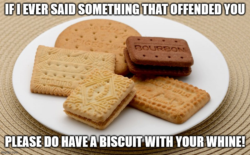 Really, it's on me! | IF I EVER SAID SOMETHING THAT OFFENDED YOU; PLEASE DO HAVE A BISCUIT WITH YOUR WHINE! | image tagged in biscuits,political correctness,pc,whine | made w/ Imgflip meme maker