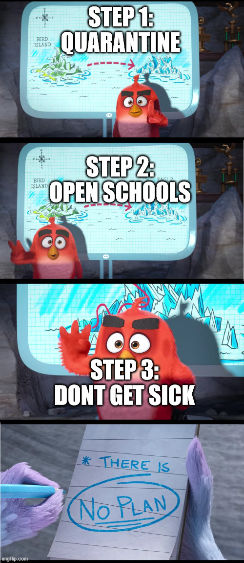 Concerns for the fall | STEP 1: QUARANTINE; STEP 2: OPEN SCHOOLS; STEP 3: DONT GET SICK | image tagged in school,quarantine,angry birds,sick | made w/ Imgflip meme maker