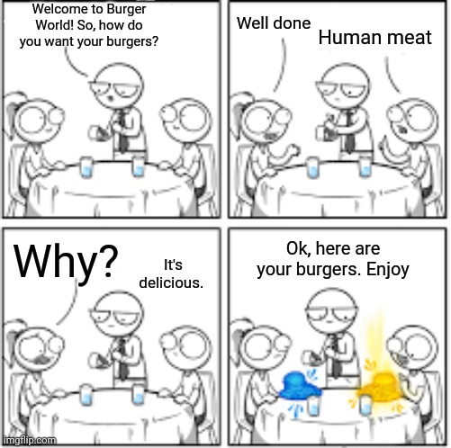 Inside the Burger World Restaurant | Welcome to Burger World! So, how do you want your burgers? Well done; Human meat; It's delicious. Ok, here are your burgers. Enjoy; Why? | image tagged in burgers,burger,dark humor,memes,meme,restaurant | made w/ Imgflip meme maker