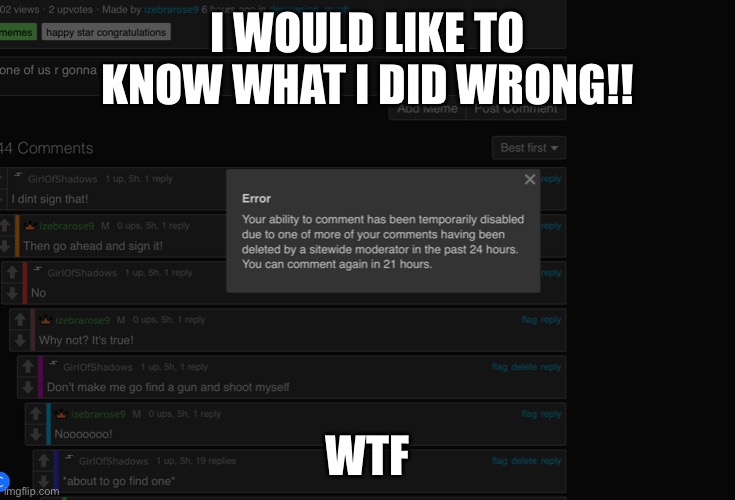 Wtf did I do!? | I WOULD LIKE TO KNOW WHAT I DID WRONG!! WTF | made w/ Imgflip meme maker