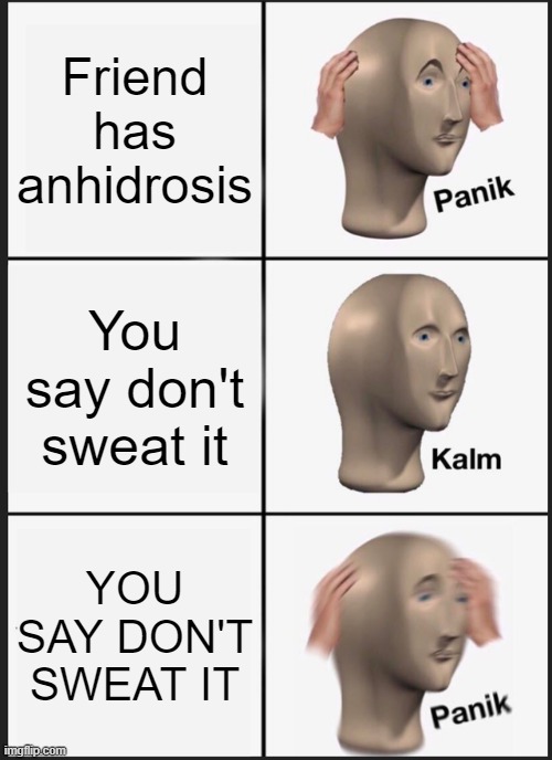 Anhidrosis lol | Friend has anhidrosis; You say don't sweat it; YOU SAY DON'T SWEAT IT | image tagged in memes,panik kalm panik | made w/ Imgflip meme maker