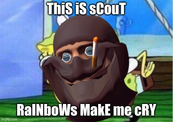 ThiS iS scOUT | ThiS iS sCouT; RaINboWs MakE me cRY | image tagged in tf2,memes,mocking spongebob | made w/ Imgflip meme maker