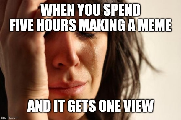 Idk | WHEN YOU SPEND FIVE HOURS MAKING A MEME; AND IT GETS ONE VIEW | image tagged in memes,first world problems | made w/ Imgflip meme maker