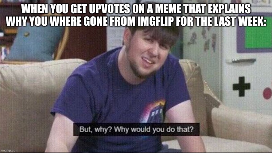 Why tho. | WHEN YOU GET UPVOTES ON A MEME THAT EXPLAINS WHY YOU WHERE GONE FROM IMGFLIP FOR THE LAST WEEK: | image tagged in but why why would you do that | made w/ Imgflip meme maker