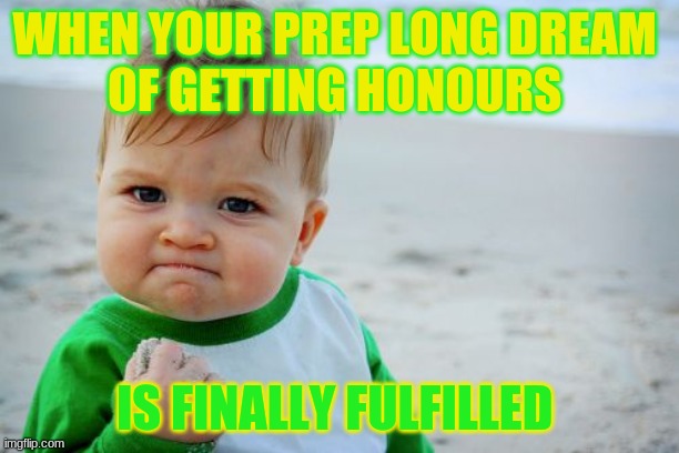 Success Kid Original Meme | WHEN YOUR PREP LONG DREAM 
OF GETTING HONOURS; IS FINALLY FULFILLED | image tagged in memes,success kid original | made w/ Imgflip meme maker