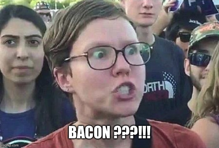 Triggered Liberal | BACON ???!!! | image tagged in triggered liberal | made w/ Imgflip meme maker