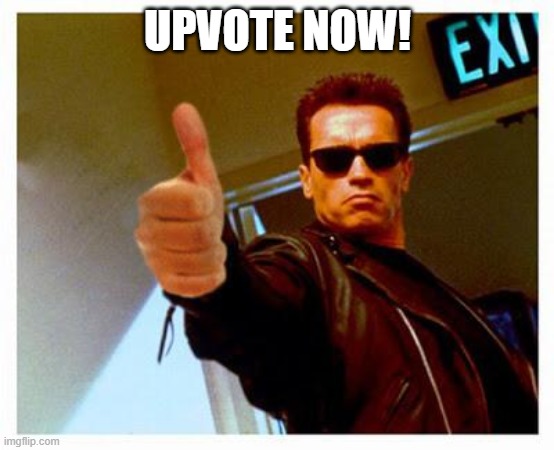 terminator thumbs up | UPVOTE NOW! | image tagged in terminator thumbs up | made w/ Imgflip meme maker