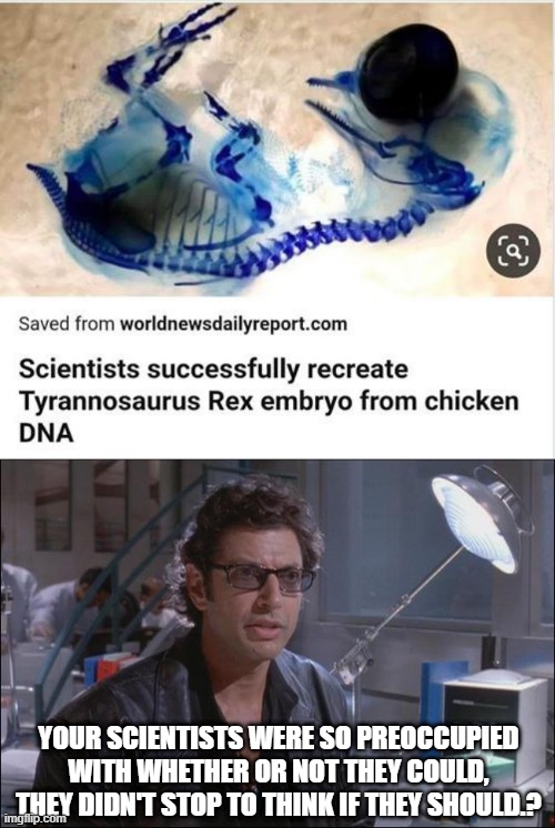 Jurassic Ugh Oh | YOUR SCIENTISTS WERE SO PREOCCUPIED WITH WHETHER OR NOT THEY COULD, THEY DIDN'T STOP TO THINK IF THEY SHOULD.? | image tagged in dr ian malcom jeff goldblum | made w/ Imgflip meme maker