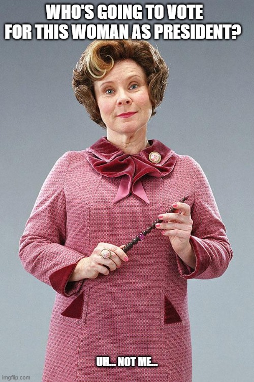 President Umbridge | WHO'S GOING TO VOTE FOR THIS WOMAN AS PRESIDENT? UH... NOT ME... | image tagged in dolores umbridge | made w/ Imgflip meme maker