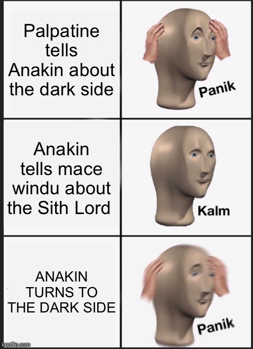 Anakin’s story | Palpatine tells Anakin about the dark side; Anakin tells mace windu about the Sith Lord; ANAKIN TURNS TO THE DARK SIDE | image tagged in memes,panik kalm panik | made w/ Imgflip meme maker