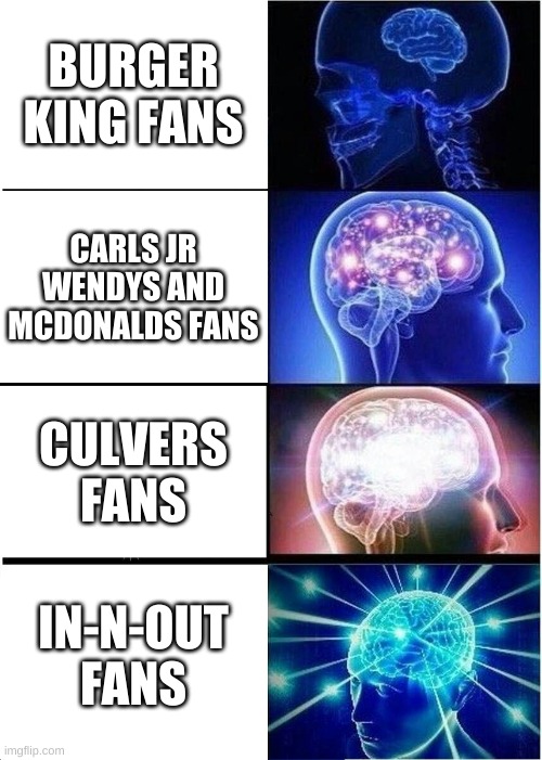 Expanding Brain | BURGER KING FANS; CARLS JR WENDYS AND MCDONALDS FANS; CULVERS FANS; IN-N-OUT FANS | image tagged in memes,expanding brain | made w/ Imgflip meme maker