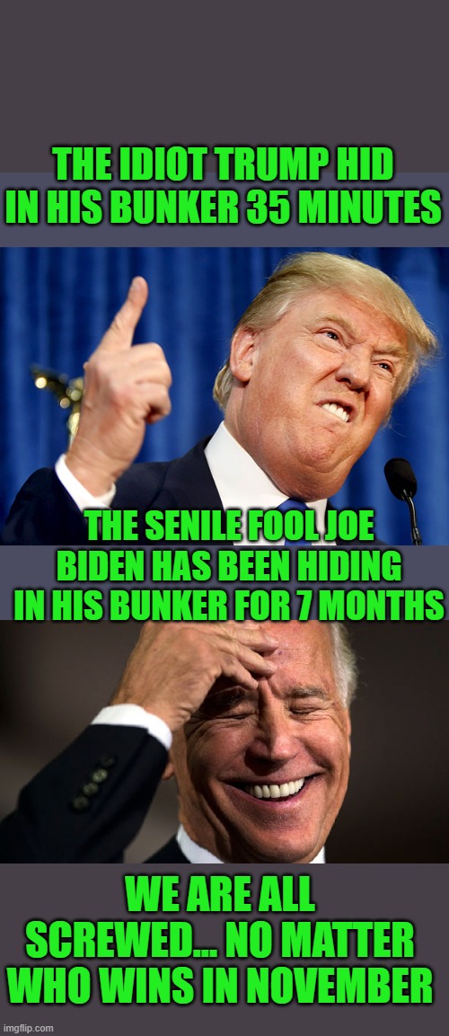 THE IDIOT TRUMP HID IN HIS BUNKER 35 MINUTES; THE SENILE FOOL JOE BIDEN HAS BEEN HIDING IN HIS BUNKER FOR 7 MONTHS; WE ARE ALL SCREWED... NO MATTER WHO WINS IN NOVEMBER | image tagged in donald trump,joe biden,2020 elections | made w/ Imgflip meme maker