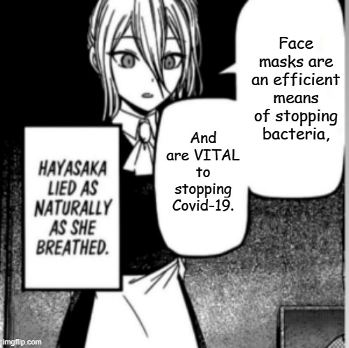 Hayasaka lied as naturally as she breathed | Face masks are an efficient means of stopping bacteria, And are VITAL to stopping Covid-19. | image tagged in hayasaka lied as naturally as she breathed | made w/ Imgflip meme maker