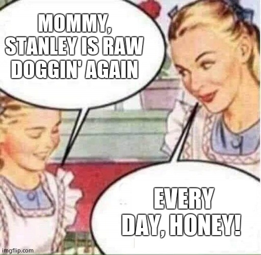 Mom & Daughter | MOMMY, STANLEY IS RAW DOGGIN' AGAIN EVERY DAY, HONEY! | image tagged in mom  daughter | made w/ Imgflip meme maker