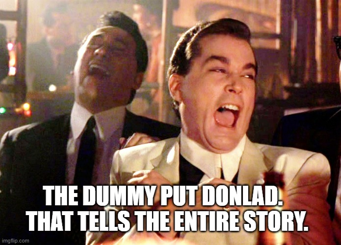 Good Fellas Hilarious Meme | THE DUMMY PUT DONLAD.   THAT TELLS THE ENTIRE STORY. | image tagged in memes,good fellas hilarious | made w/ Imgflip meme maker