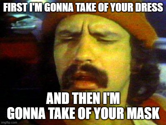 cheech | FIRST I'M GONNA TAKE OF YOUR DRESS; AND THEN I'M GONNA TAKE OF YOUR MASK | image tagged in cheech | made w/ Imgflip meme maker