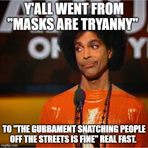 Prince side eye  | Y'ALL WENT FROM "MASKS ARE TRYANNY"; TO "THE GUBBAMENT SNATCHING PEOPLE OFF THE STREETS IS FINE" REAL FAST. | image tagged in prince side eye | made w/ Imgflip meme maker