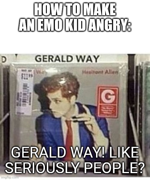 What the— | HOW TO MAKE AN EMO KID ANGRY:; GERALD WAY! LIKE SERIOUSLY PEOPLE? | image tagged in blank white template,gerard way not gerald,mcr,my chemical romance,gerard way | made w/ Imgflip meme maker