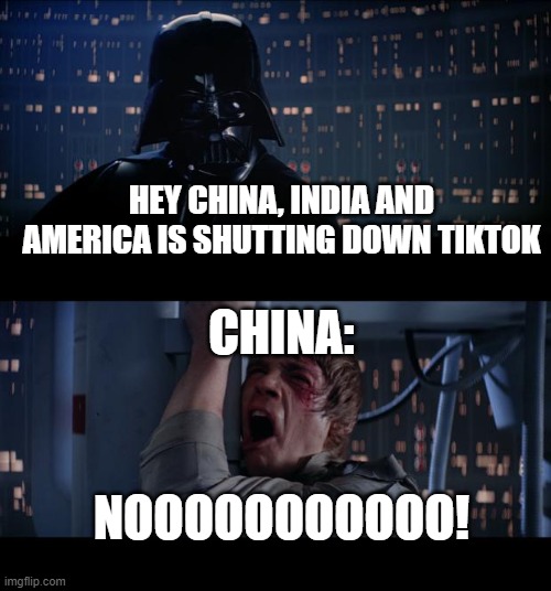 Star Wars No Meme | HEY CHINA, INDIA AND AMERICA IS SHUTTING DOWN TIKTOK CHINA: NOOOOOOOOOOO! | image tagged in memes,star wars no | made w/ Imgflip meme maker