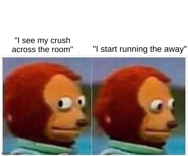 Monkey Puppet | "I see my crush across the room"; "I start running the away" | image tagged in memes,monkey puppet | made w/ Imgflip meme maker