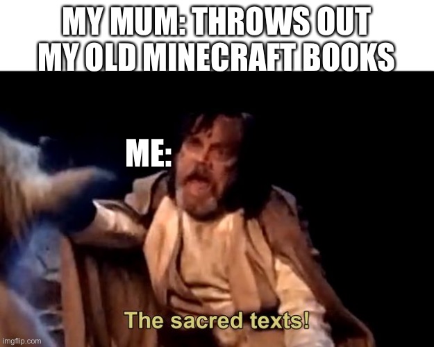 The sacred texts! | MY MUM: THROWS OUT MY OLD MINECRAFT BOOKS; ME: | image tagged in the sacred texts | made w/ Imgflip meme maker