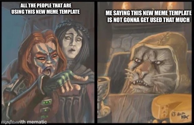 ALL THE PEOPLE THAT ARE USING THIS NEW MEME TEMPLATE; ME SAYING THIS NEW MEME TEMPLATE IS NOT GONNA GET USED THAT MUCH | image tagged in aela the huntress yelling at maiq the liar,memes,lol,new meme,skyrim,skyrim meme | made w/ Imgflip meme maker